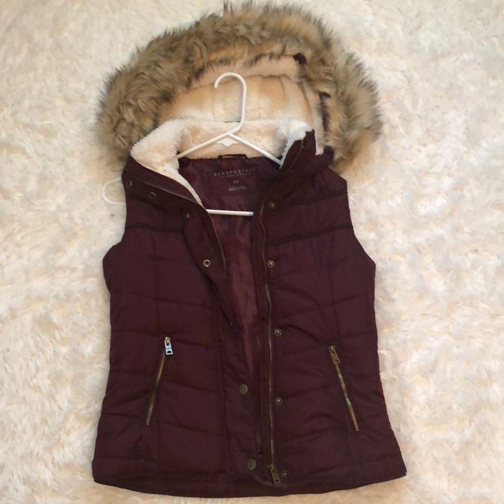 puffy maroon vest with soft lining & puffy hood